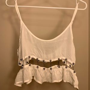 LF White Crop Top with Metal Details and Cut-outs
